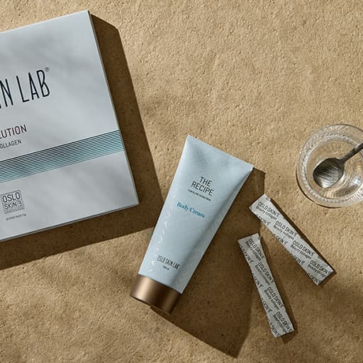 balení Body cream The Recipe položené u krabičky s kolagenem The Solution